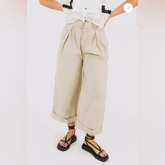 NWT $98 Free People After Love Roll Cuff Wide Leg Pants Sandshell Size Medium - Picture 2 of 13